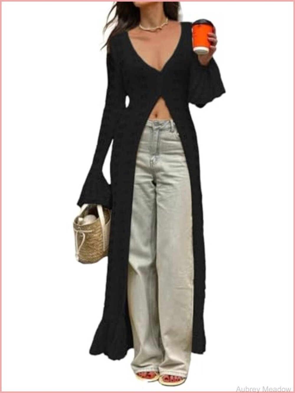 Women Long Crochet Knit Duster Cardigan Bell Sleeve Button Up